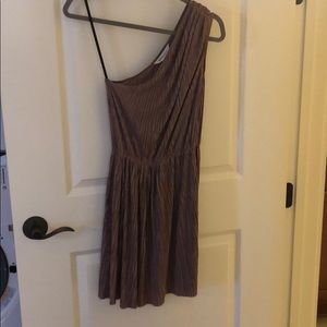 BCBG one shoulder, gold mini dress